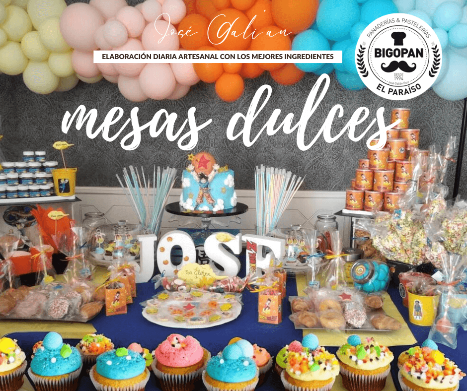 Mesa dulce para comunión decorada con globos, flores, chucherías y una tarta personalizada. Ideal para sorprender a los invitados en este día tan especial